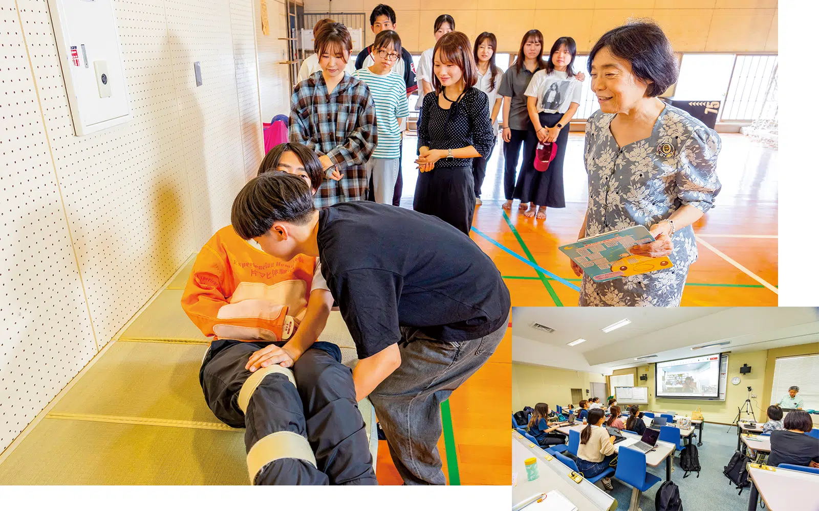 体育館での演習。災害によって負傷したケガ人の介助や避難所生活環境等への配慮を学ぶ