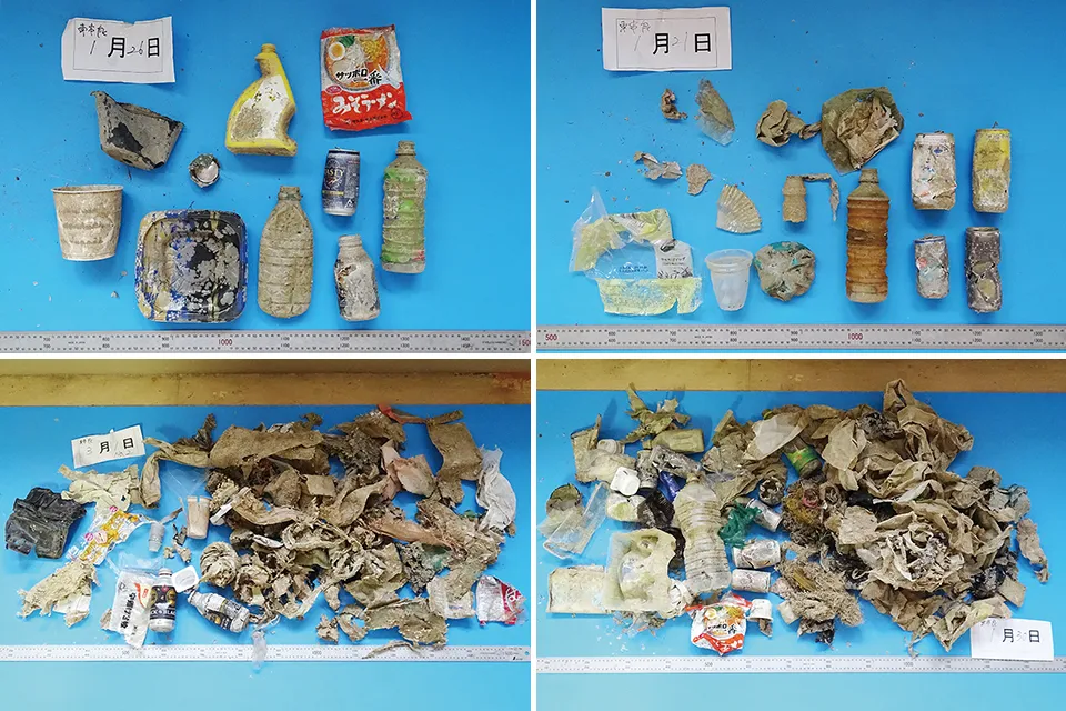 網にかかったペットボトルやインスタント食品の袋、プラスチック容器類。私たちが何気なく使い捨てているものが海洋ごみとなり、回収されなければ半永久的に残存することになる